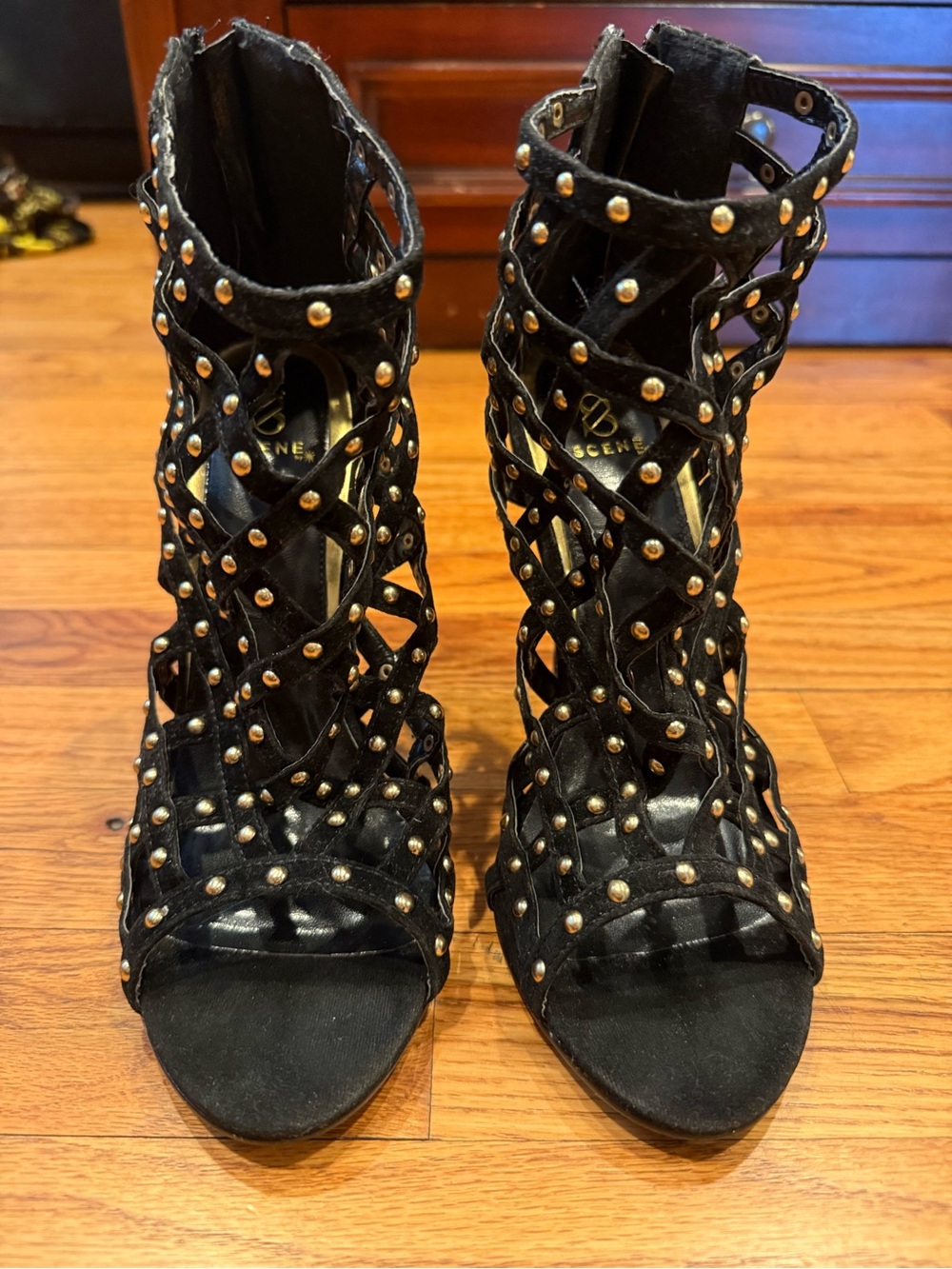 Black Studded Caged Stiletto Heels Open Toe Sandals- Size 7